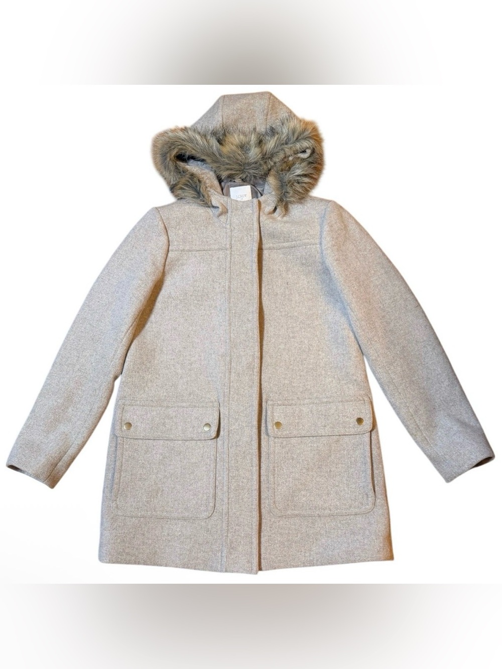EUC: J.Crew Vail Wool Blend Parka Coat Faux Fur Hood Gray, Size 4